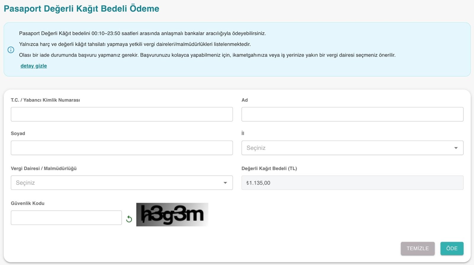 Öğrenci pasaportu defter bedeli ödeme ekranı